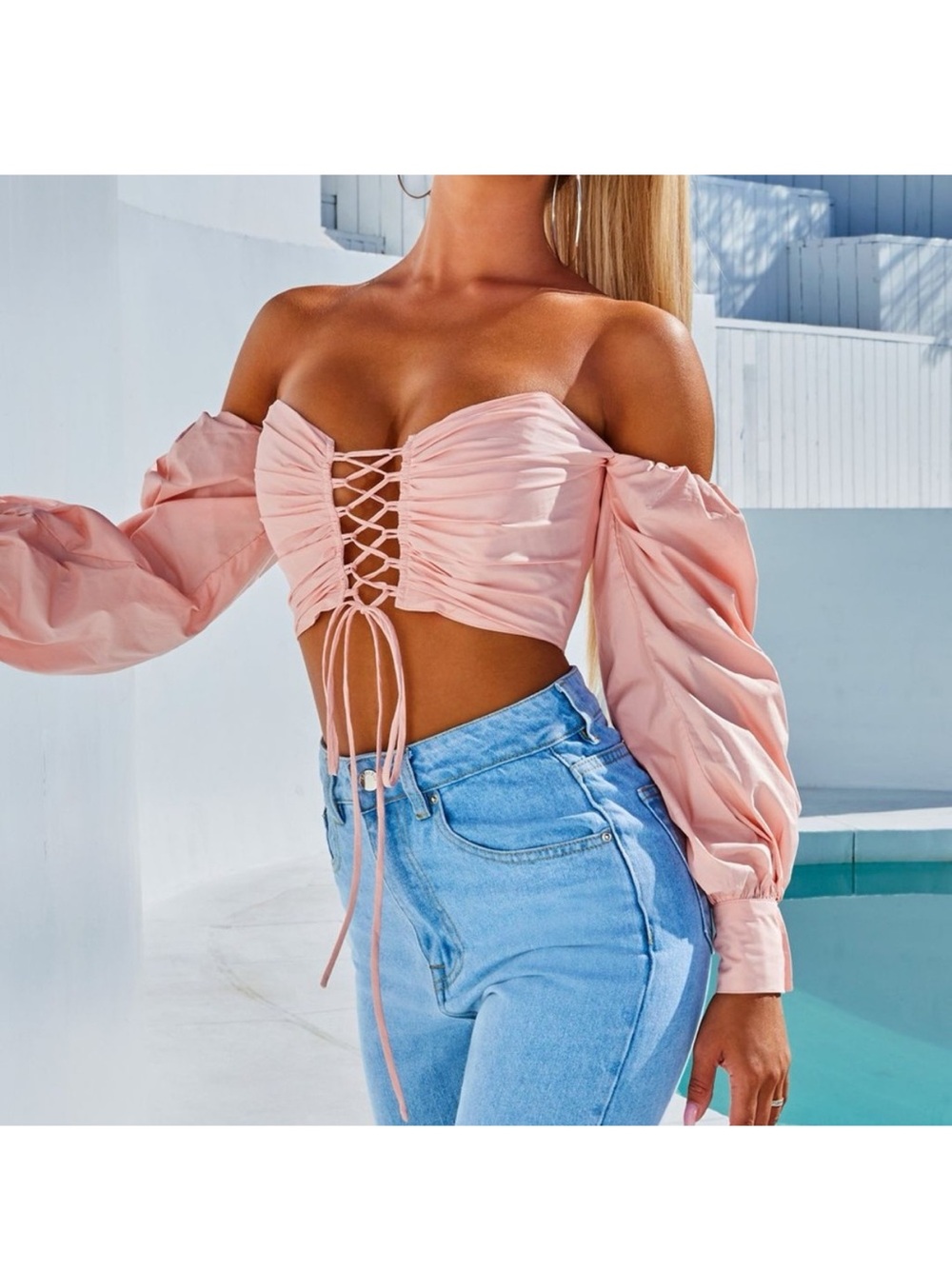 Babyboo Fashion Off-Shoulder Pink Puff Sleeve Crop Top